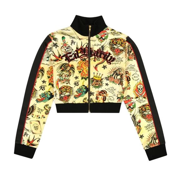 NWT Ed Hardy Y2k Shruken Flashboard multi track bomber jacket yellow black SMALL - Picture 1 of 15
